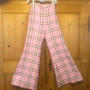 AMAZING VTG 1970s Happy Legs Pink Plaid Wool Wide Leg Flare Pants Suit Trousers